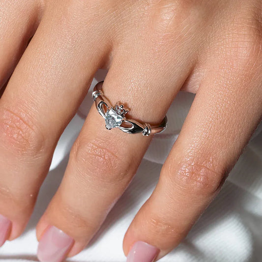 925 Rhodium Plated April Sterling Silver CZ Center Birthstone Claddagh Ring