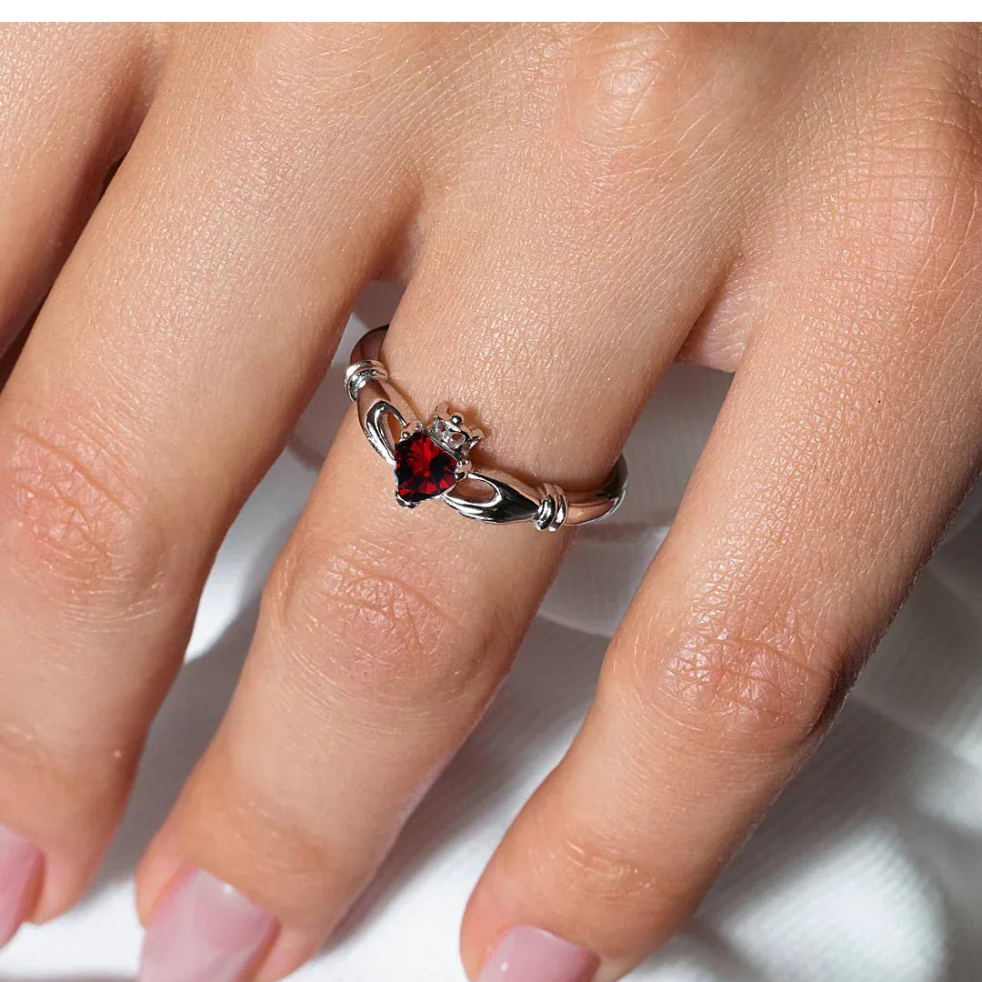 925 Sterling Silver January Rhodium Plated CZ Center Birthstone Claddagh Ring
