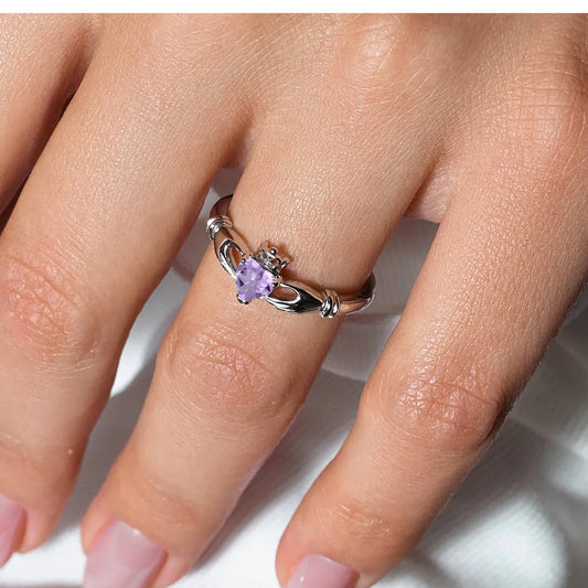 925 Sterling Silver June Rhodium Plated CZ Center Birthstone Claddagh Ring