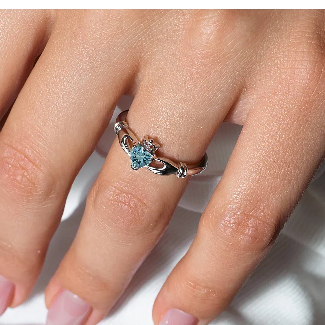 925 Rhodium Plated March Sterling Silver CZ Center Birthstone Claddagh Ring