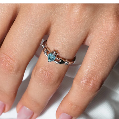 925 Rhodium Plated March Sterling Silver CZ Center Birthstone Claddagh Ring