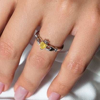 925 Sterling Silver November Rhodium Plated CZ Center Birthstone Claddagh Ring