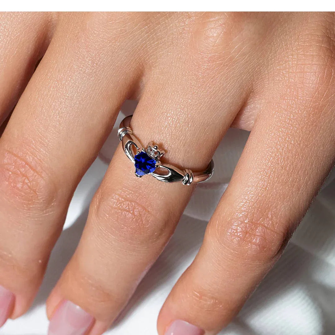 925 Sterling Silver September Rhodium Plated CZ Center Birthstone Claddagh Ring