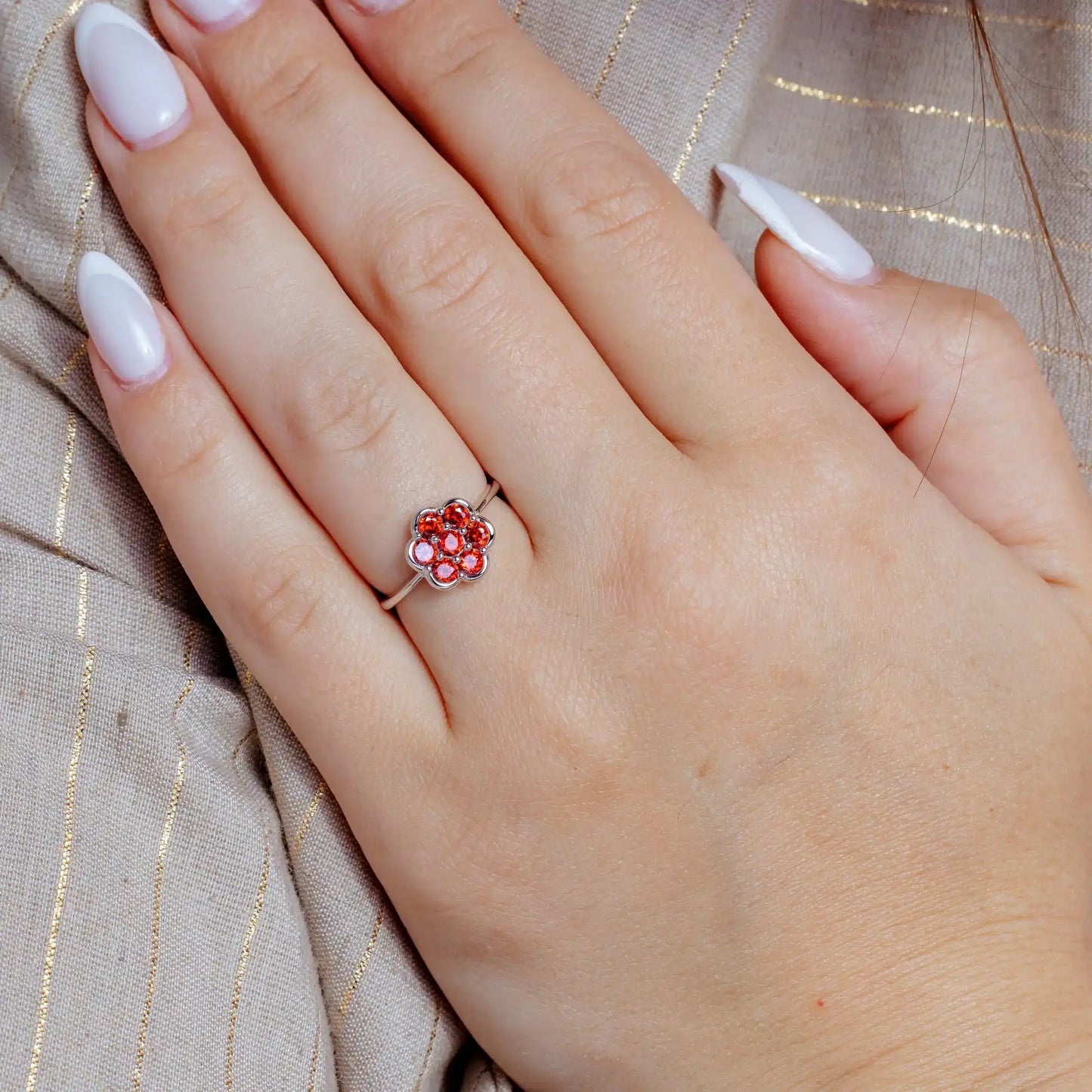 925 Sterling Silver Rhodium Plated Flower Ring with Red CZ