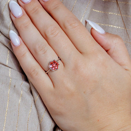 925 Sterling Silver Rhodium Plated Flower Ring with Red CZ