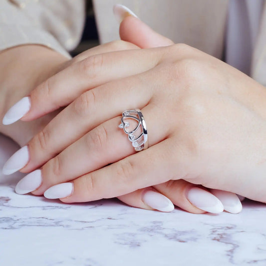 925 Sterling Silver Rhodium Plated Heart Crown Ring with CZ