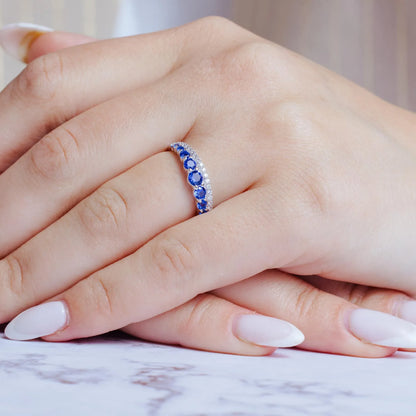 925 Sterling Silver Rhodium Plated Blue and Clear CZ Stones Ring