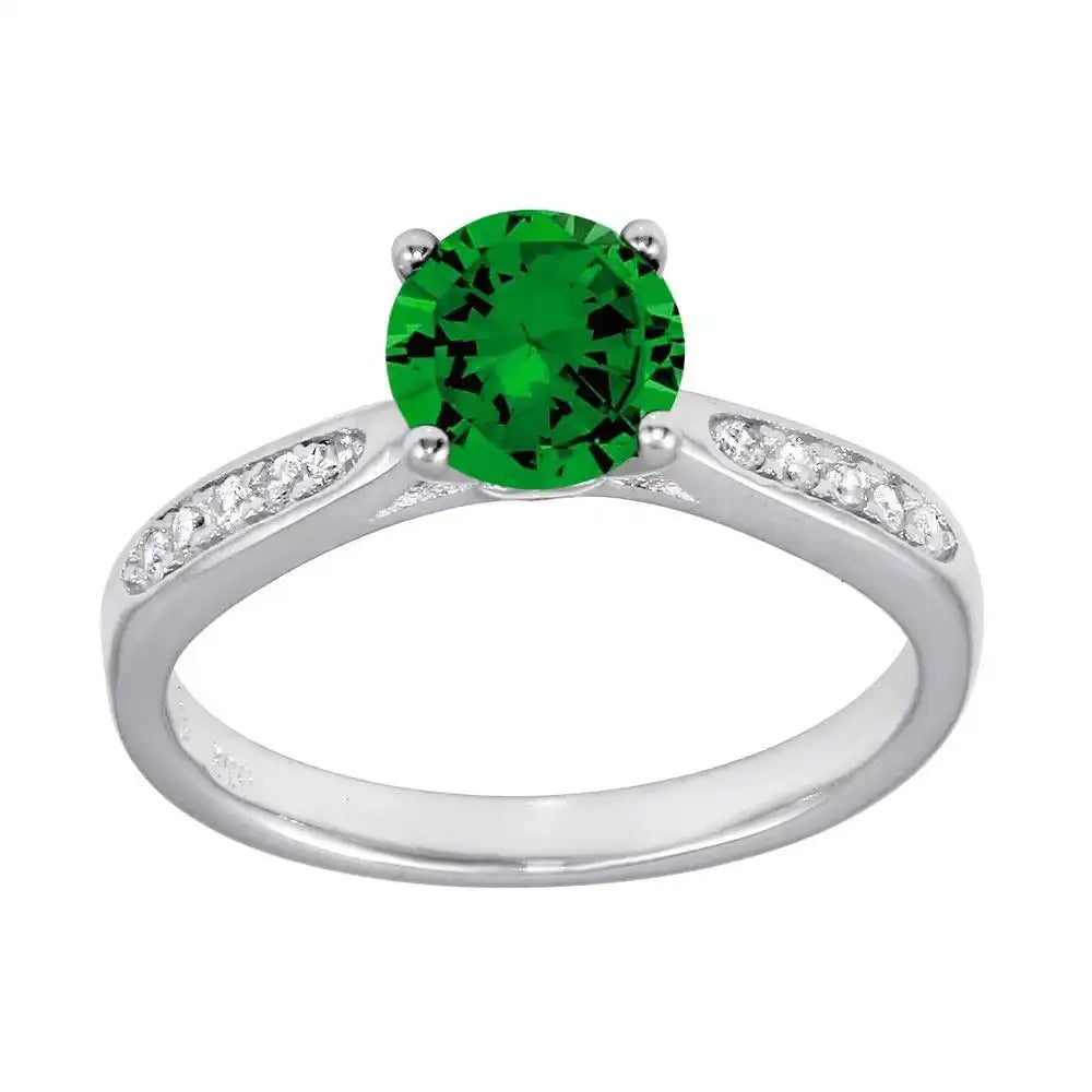 925 Sterling Silver Rhodium Plated Round Green CZ Center Stone Ring