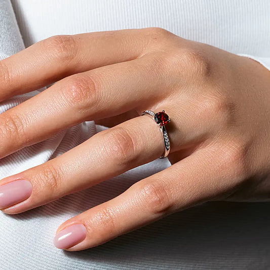 925 Sterling Silver Rhodium Plated Round Red CZ Center Stone Ring