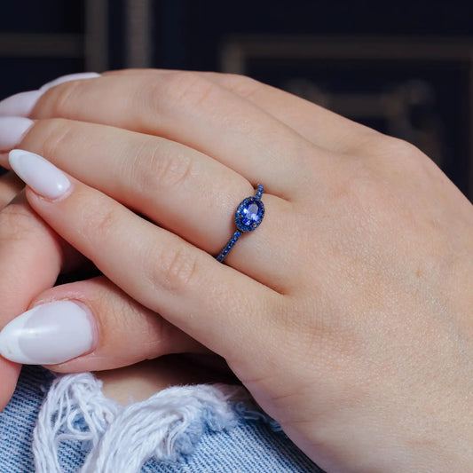 925 Sterling Silver Black Rhodium Plated Blue Oval CZ Stone Ring