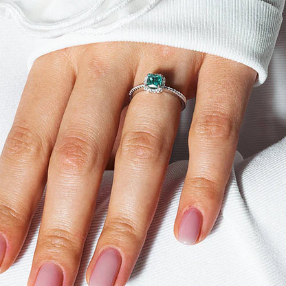 925 Sterling Silver Rhodium Plated Square Halo Turquoise CZ Bridal Ring