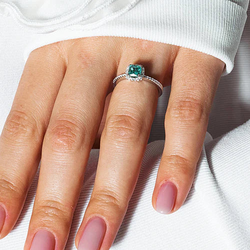 925 Sterling Silver Rhodium Plated Square Halo Turquoise CZ Bridal Ring