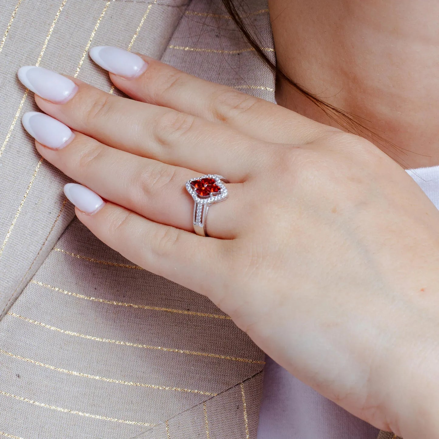 925 Sterling Silver Rhodium Plated 4 Red Marquise Center CZ Ring