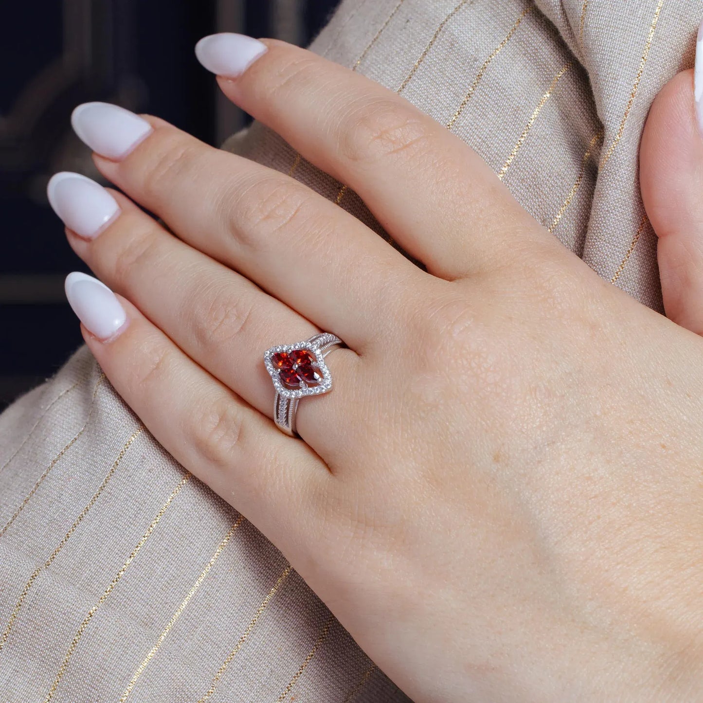 925 Sterling Silver Rhodium Plated 4 Red Marquise Center CZ Ring