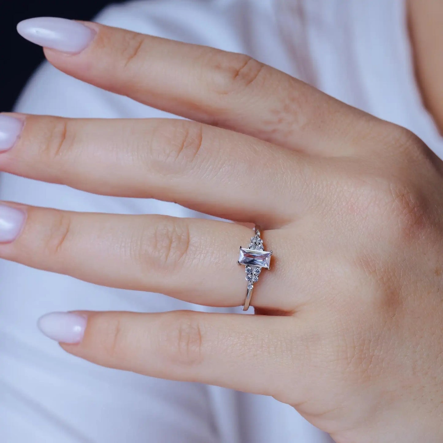 925 Sterling Silver Rhodium Plated Clear Baguette and CZ Ring