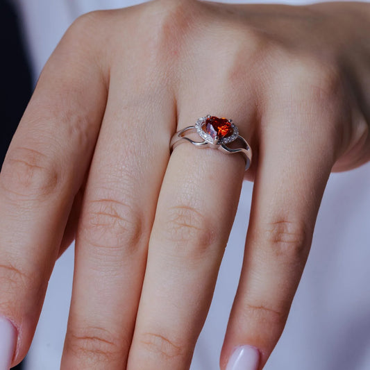 925 Sterling Silver Rhodium Plated Heart Red and Clear CZ Ring