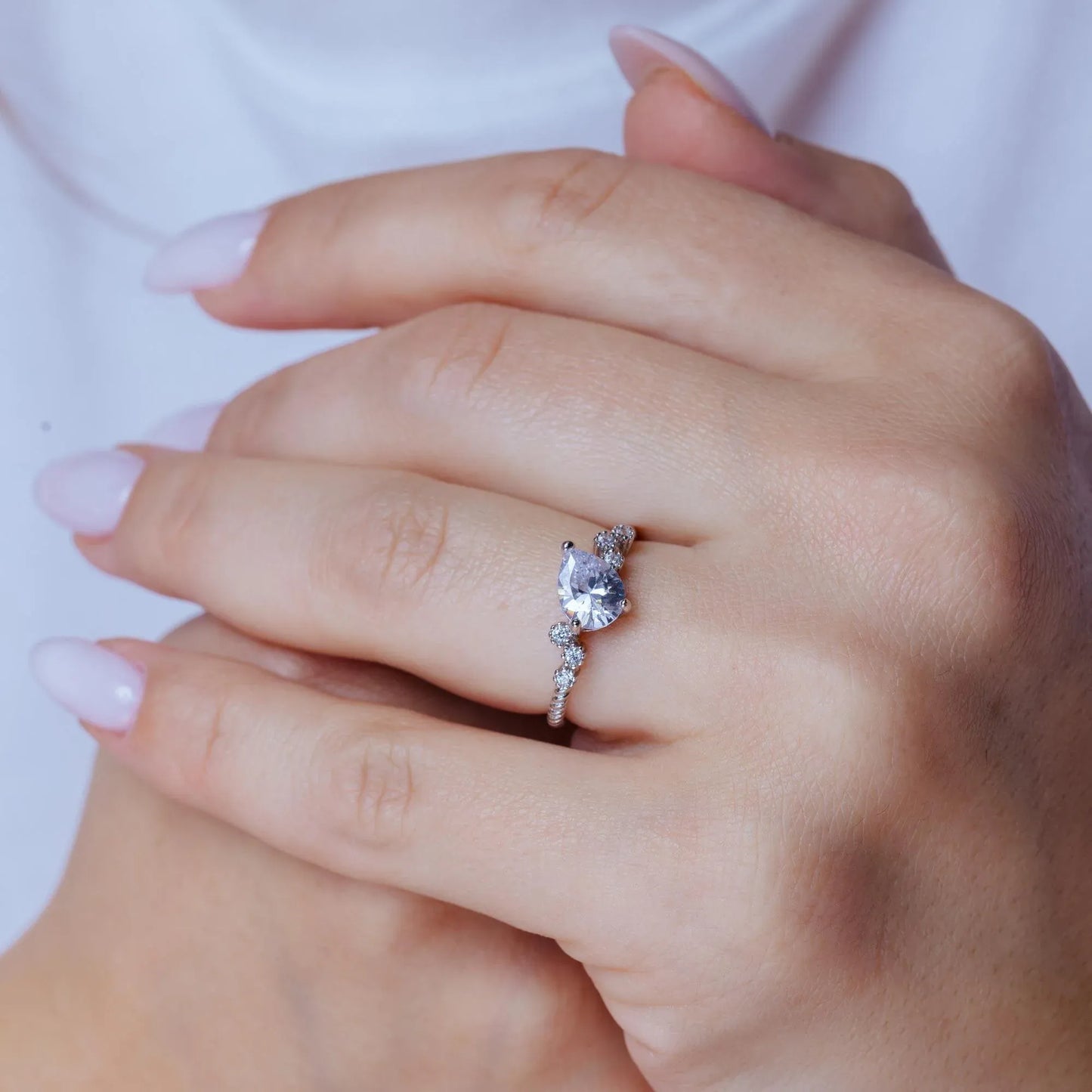 925 Sterling Silver Rhodium Plated Angled Teardrop CZ Shank Ring