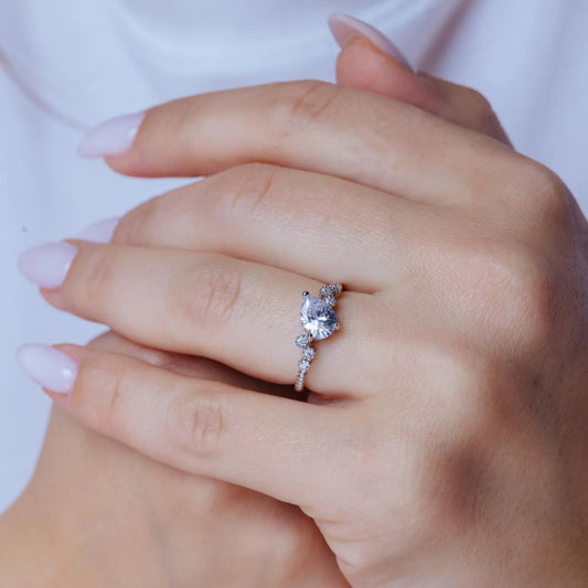 925 Sterling Silver Rhodium Plated Angled Teardrop CZ Shank Ring
