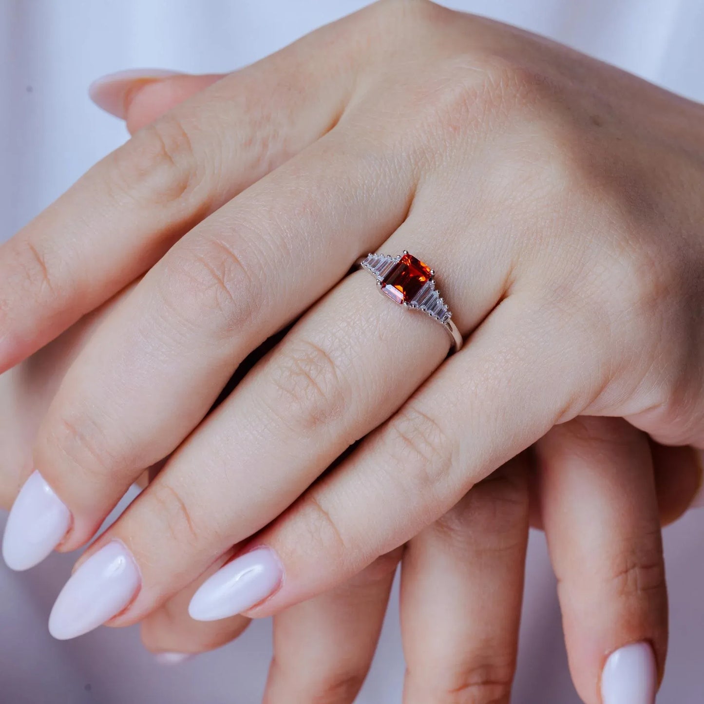 925 Sterling Silver  Rhodium Plated Square Clearn and Red CZ Ring