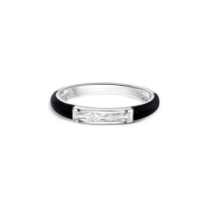 925 Sterling Silver Rhodium Plated Clear Black Enamel Baguette CZ 2.5mm Ring