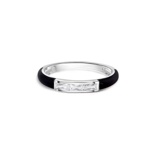 925 Sterling Silver Rhodium Plated Clear Black Enamel Baguette CZ 2.5mm Ring