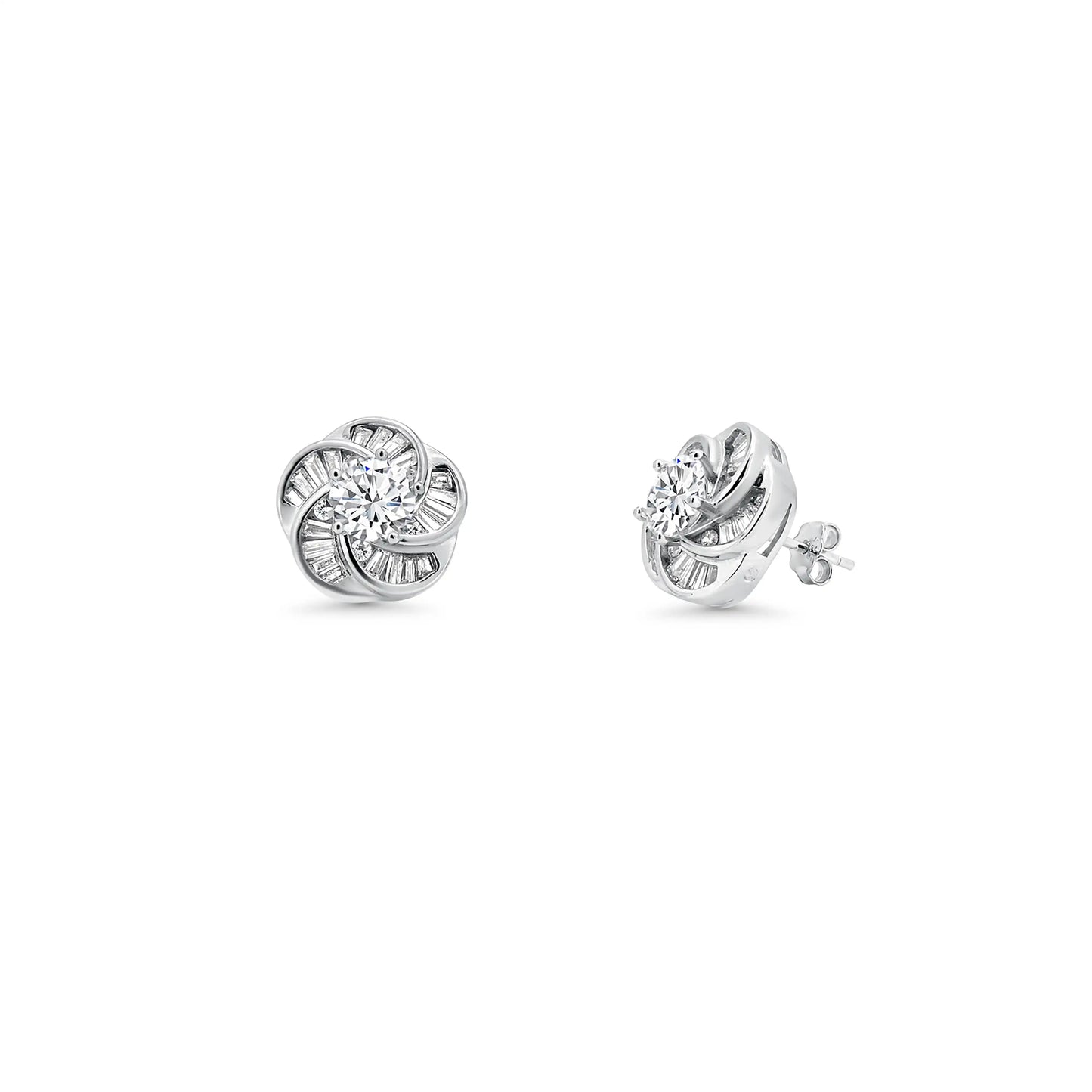 925 Sterling Silver Rhodium Plated Clear Baguette Spiral Flower CZ Earring and Necklace Set