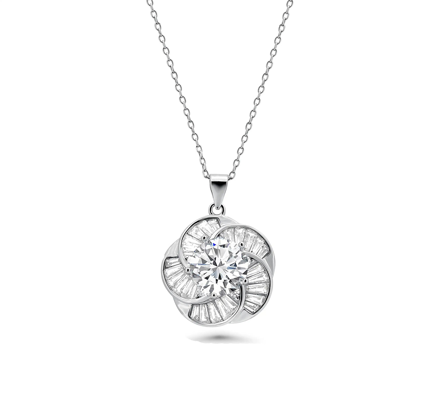 925 Sterling Silver Rhodium Plated Clear Baguette Spiral Flower CZ Earring and Necklace Set