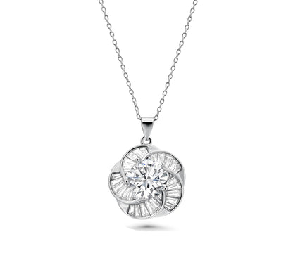 925 Sterling Silver Rhodium Plated Clear Baguette Spiral Flower CZ Earring and Necklace Set