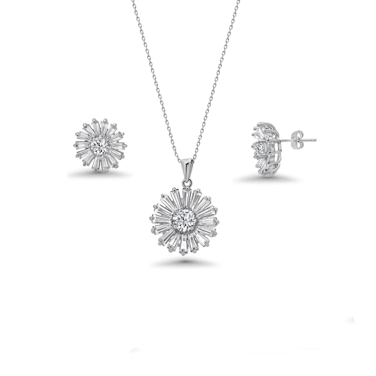925 Sterling Silver Rhodium Plated Clear Baguette Flower CZ Set