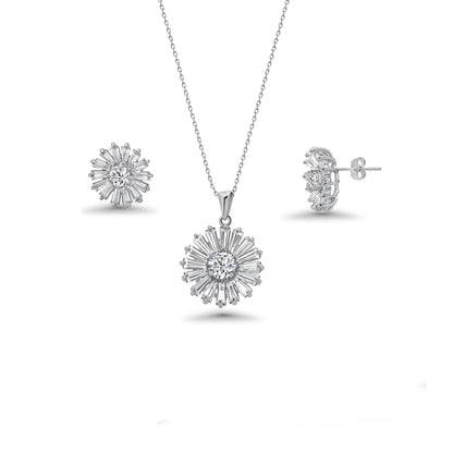 925 Sterling Silver Rhodium Plated Clear Baguette Flower CZ Set