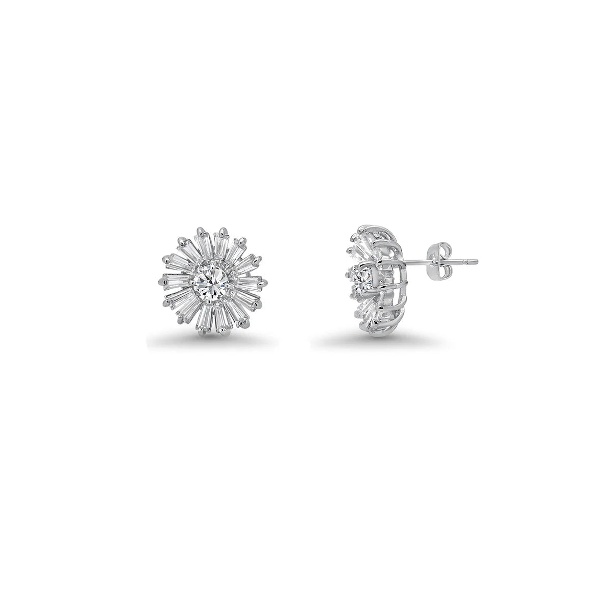 925 Sterling Silver Rhodium Plated Clear Baguette Flower CZ Set