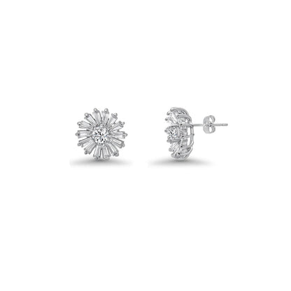 925 Sterling Silver Rhodium Plated Clear Baguette Flower CZ Set