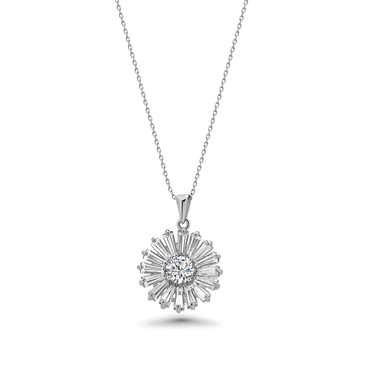 925 Sterling Silver Rhodium Plated Clear Baguette Flower CZ Set