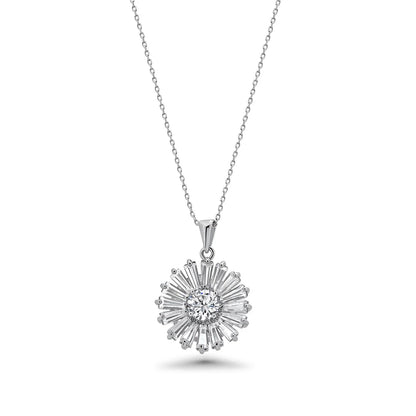 925 Sterling Silver Rhodium Plated Clear Baguette Flower CZ Set
