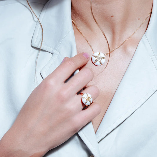 925 Silver Clearance-Gold Plated White Onyx Clear CZ Starfish Ring