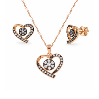 925 Sterling Silver Clearance-Rose Gold & Black Rhodium Plated CZ Heart Earring & Necklace Set