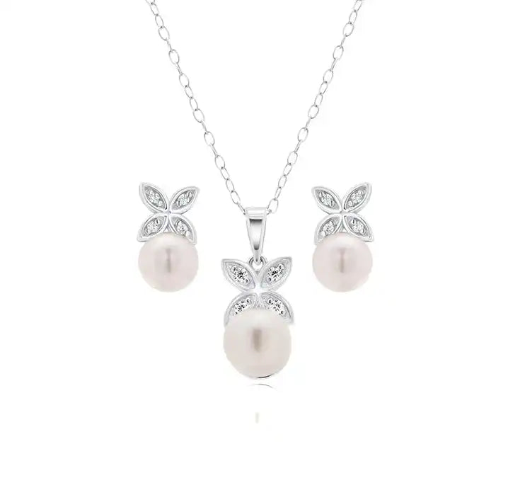 925 Sterling Silver Rhodium Plated Clear CZ Hanging Pearl Butterfly Set