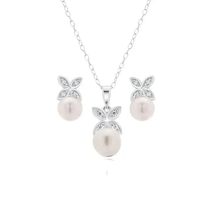 925 Sterling Silver Rhodium Plated Clear CZ Hanging Pearl Butterfly Set