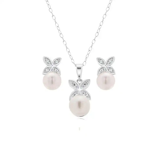 925 Sterling Silver Rhodium Plated Clear CZ Hanging Pearl Butterfly Set