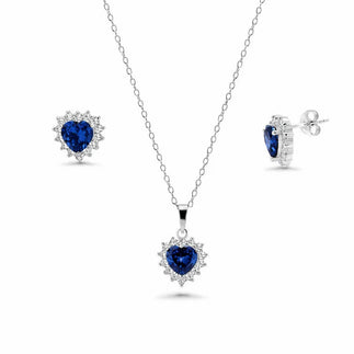 925 Silver Rhodium Plated CZ Birthstone Heart & Cluster Earring and Necklace Set