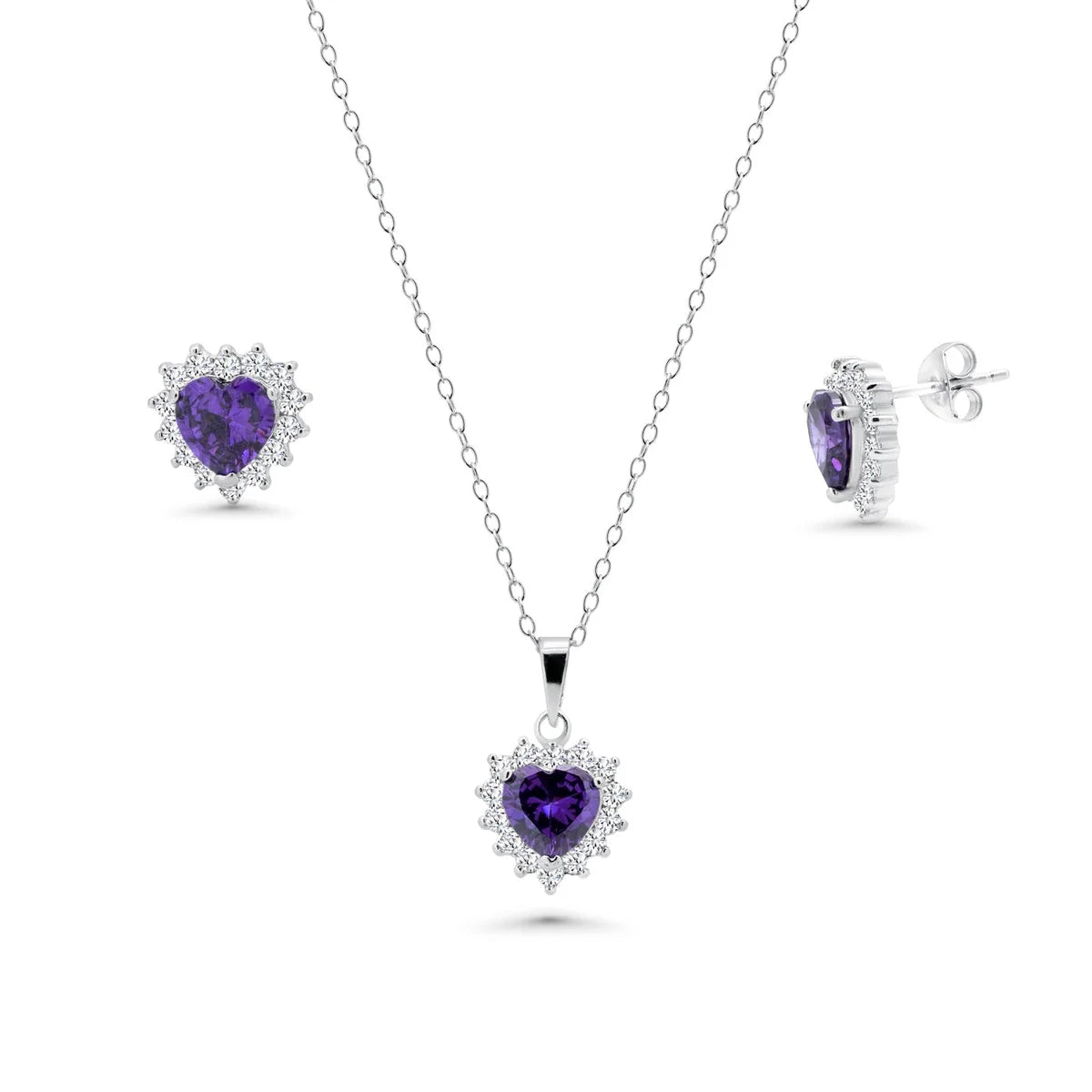 925 Silver Rhodium Plated CZ Birthstone Heart & Cluster Earring and Necklace Set