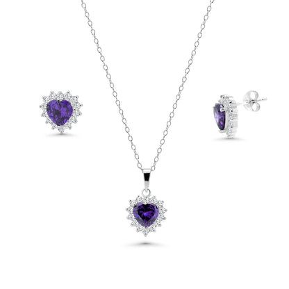 925 Silver Rhodium Plated CZ Birthstone Heart & Cluster Earring and Necklace Set