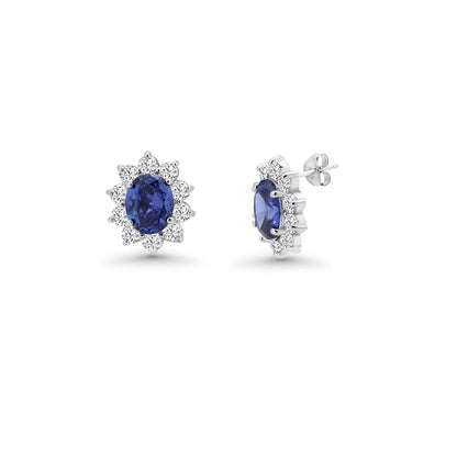 925 Silver Rhodium Plated Clear & Blue Oval CZ Earring and Necklace Set