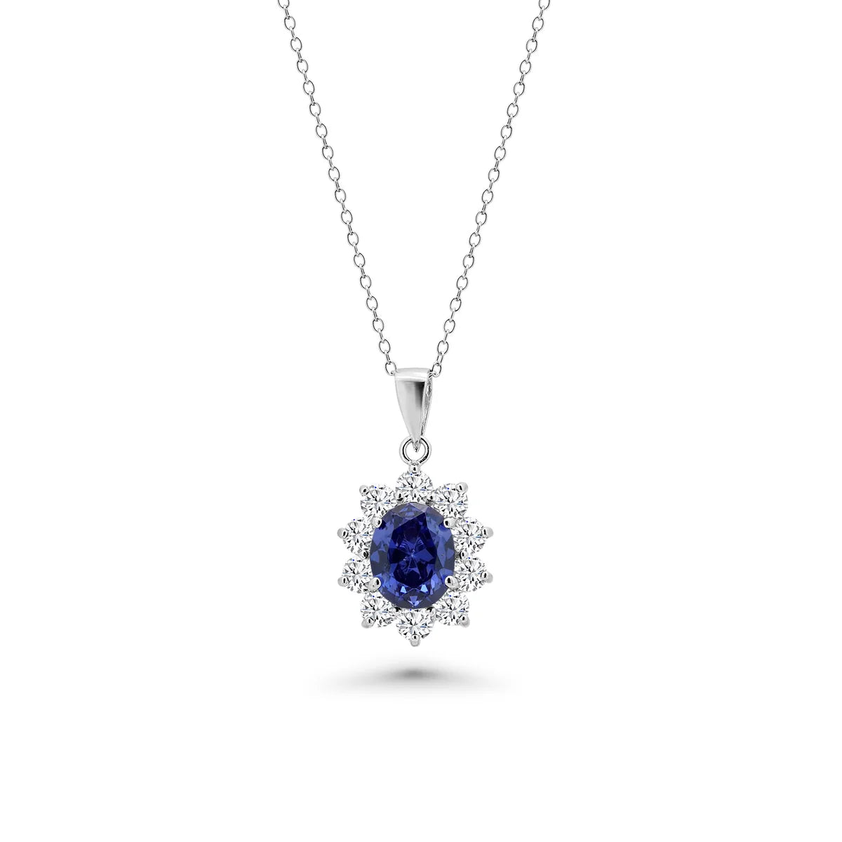 925 Silver Rhodium Plated Clear & Blue Oval CZ Earring and Necklace Set