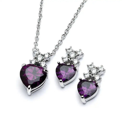925 Sterling Silver Rhodium Plated Clear Round & Birthstone Heart CZ Stud Earring and Necklace Set