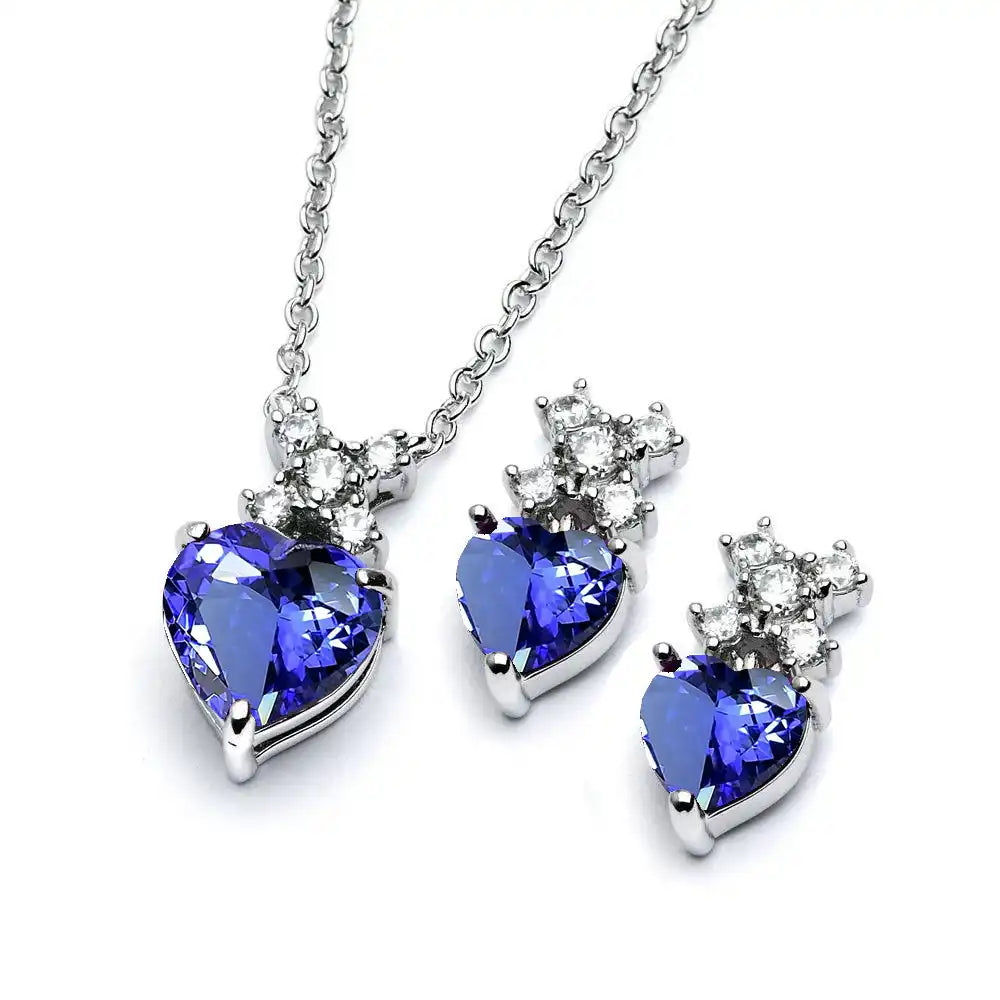 925 Sterling Silver Rhodium Plated Clear Round & Birthstone Heart CZ Stud Earring and Necklace Set