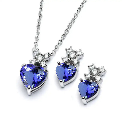 925 Sterling Silver Rhodium Plated Clear Round & Birthstone Heart CZ Stud Earring and Necklace Set