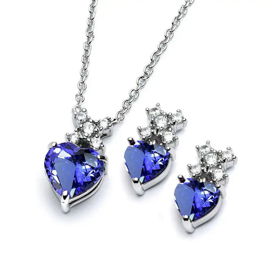 925 Sterling Silver Rhodium Plated Clear Round & Birthstone Heart CZ Stud Earring and Necklace Set