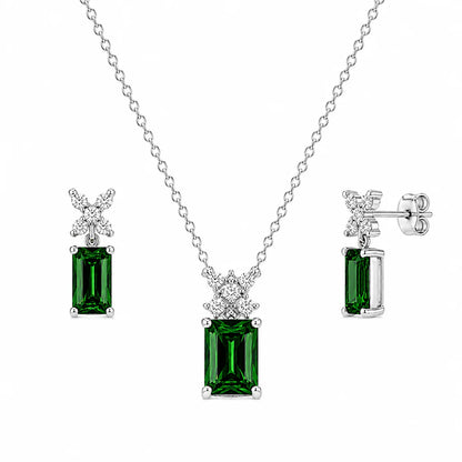 925 Silver Rhodium Plated Clear Round & Birthstone Rectangle CZ Stud Earring and Necklace Set