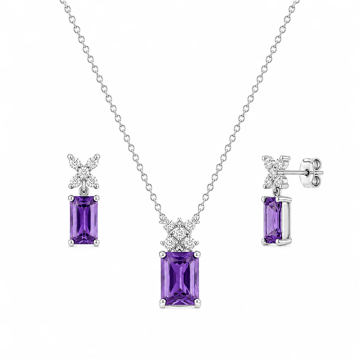 925 Silver Rhodium Plated Clear Round & Birthstone Rectangle CZ Stud Earring and Necklace Set